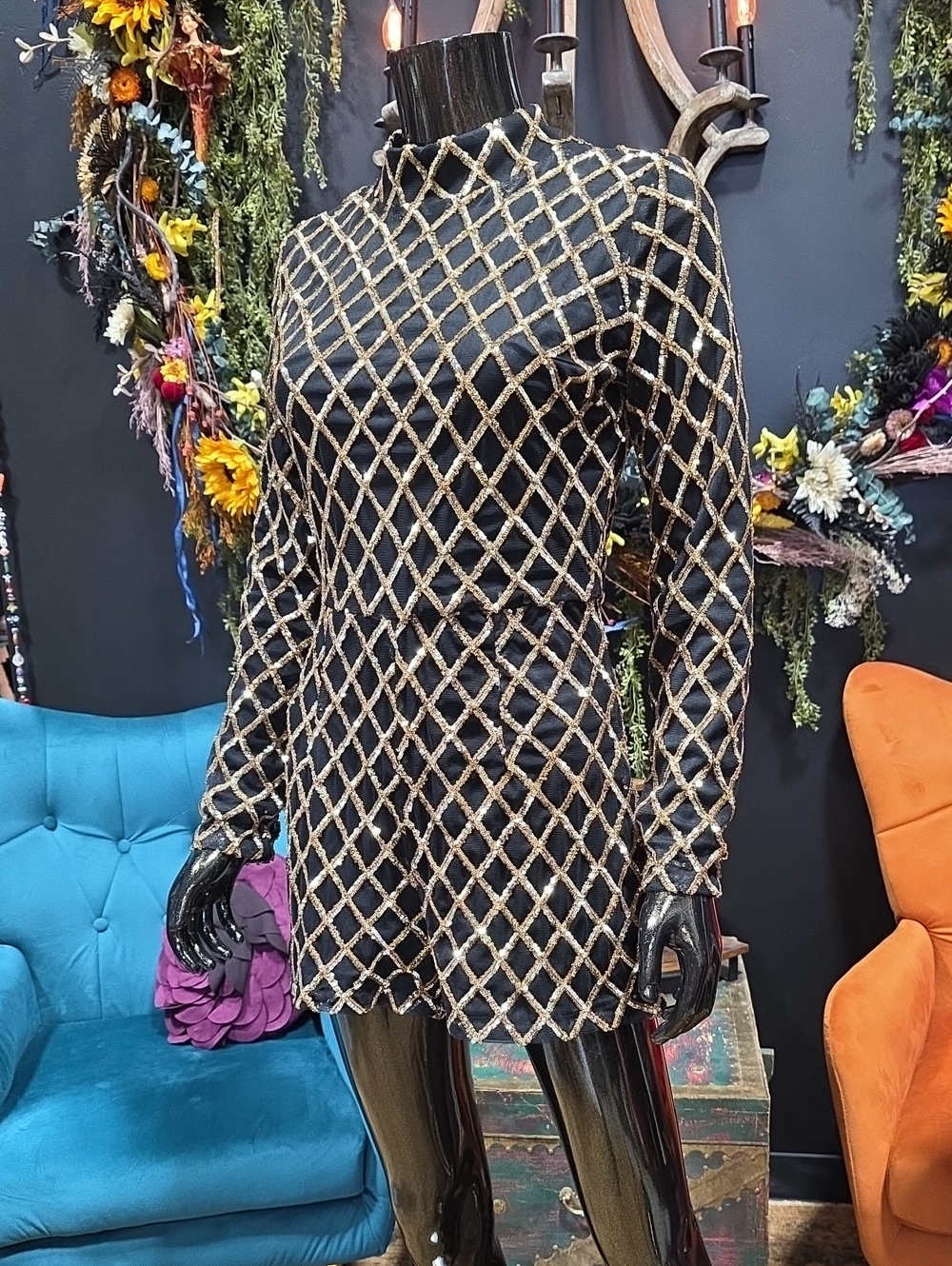 Xtaren Black Romper with Gold Beaded Lattice